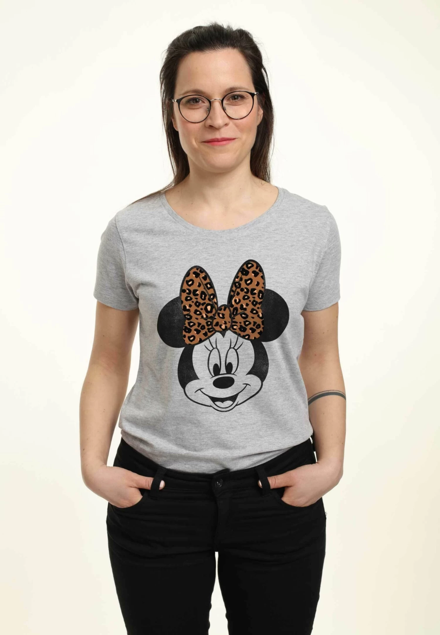 Disney Mickey Classic Modern Minnie Face Leopard - T-Shirt Print - Heather Grey 3 Disney Mickey Classic Modern Minnie Face Leopard - T-Shirt Print - Heather Grey
