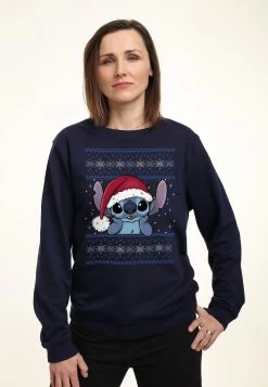 Disney LiloStitch Holiday Stitch Wearing Santa Hat - Sweater - Navy Blue